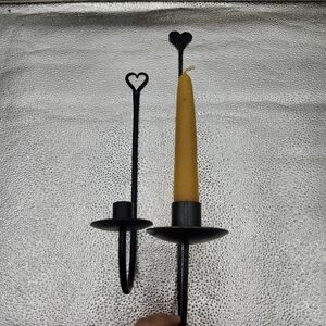 14" rustic Candlestick taper holder Vintage Black Wrought Iron Heart  accent